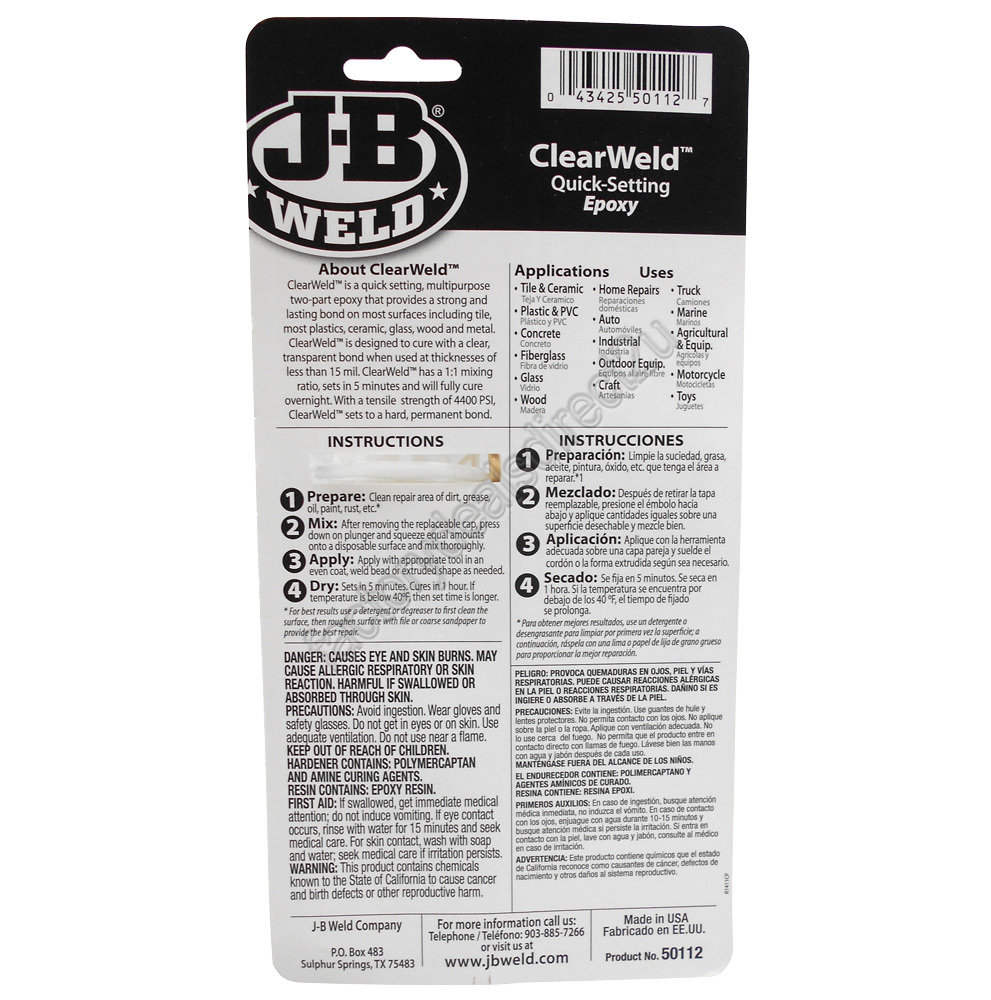 JB Weld Clear Weld Quick Setting Epoxy Glue Adhesive Syringe 50112 JB