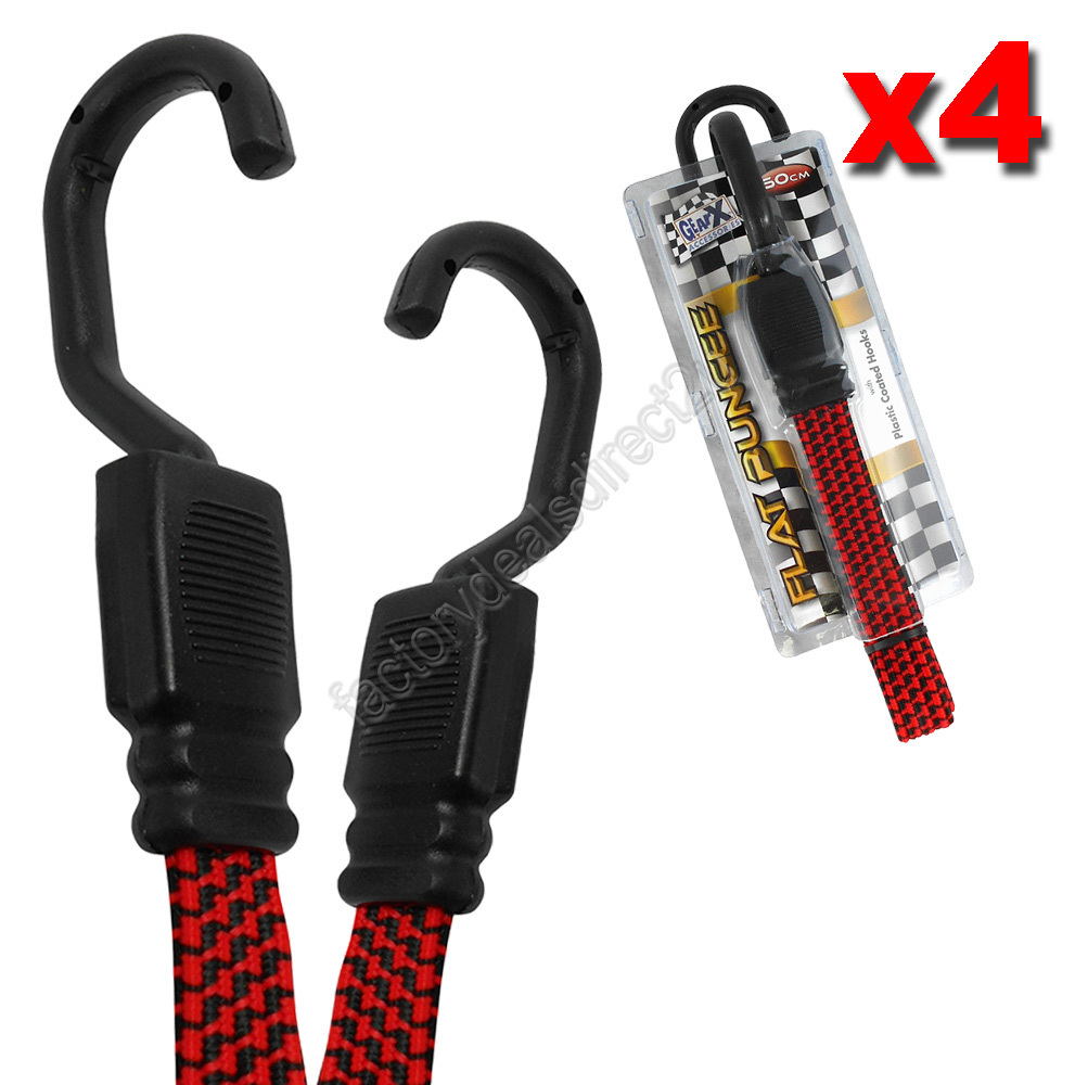 Flat Bungee Straps with Hooks 60cm Long x 18mm Wide Pack of 4 Red